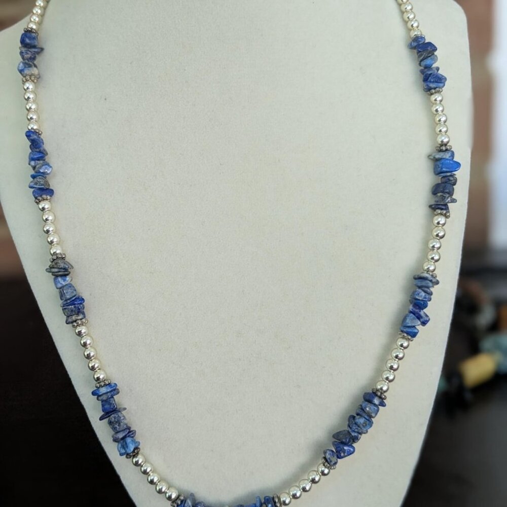 Lapis Lazuli and Silver Bead Necklace, Natural Stone Jewelry, Deep Blue Raw Gem